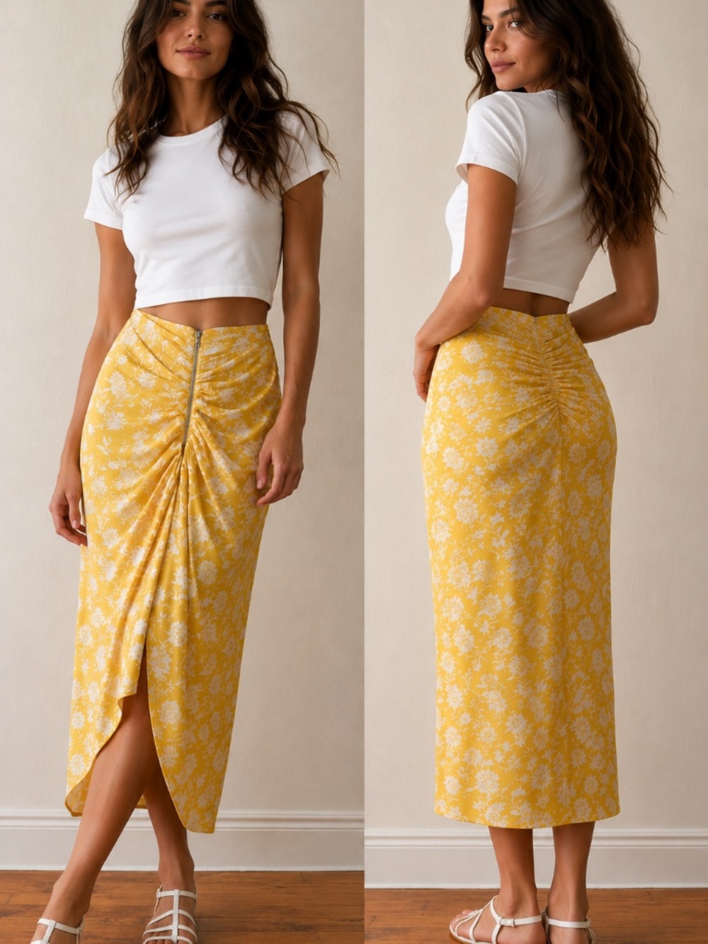 rag & bone Yellow Floral Stretch Ruched Midi Hi-Low Skirt Exposed Zip, Size S